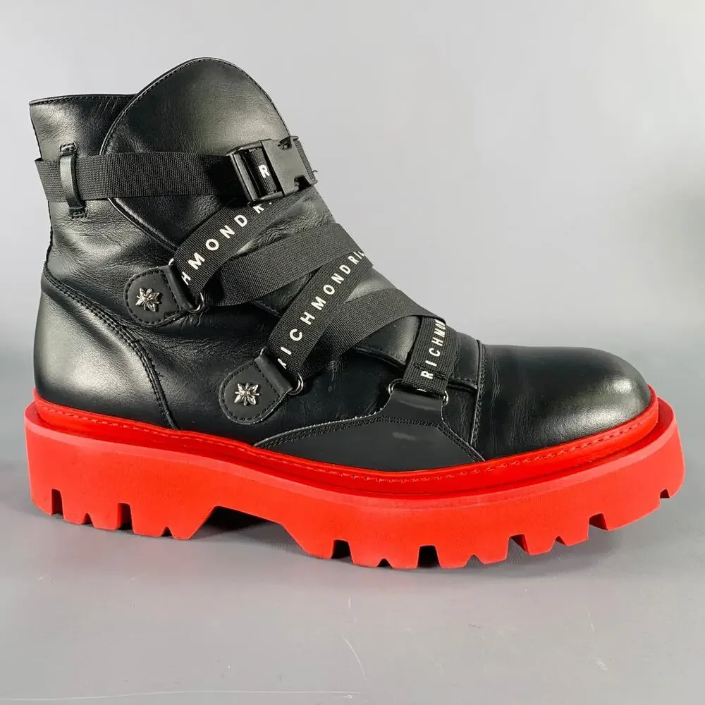 JOHN RICHMOND Size 13 Black Red Solid Leather Track Sole Boots